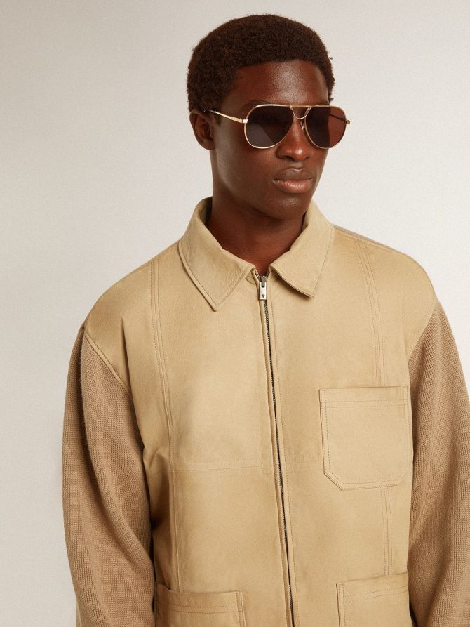 Men’s jacket in travertine-colored nubuck leather with wool-blend sleeves and back - Image 5