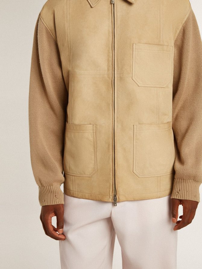 Men’s jacket in travertine-colored nubuck leather with wool-blend sleeves and back - Image 6