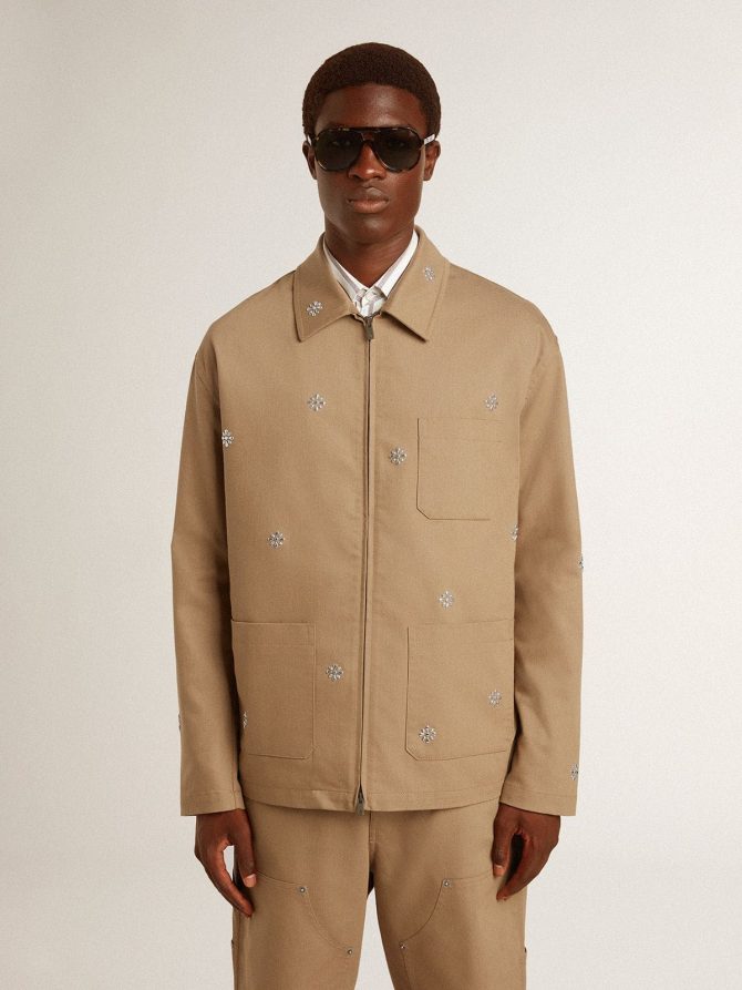 Men’s beige jacket with floral embroidery and full zip - Image 2