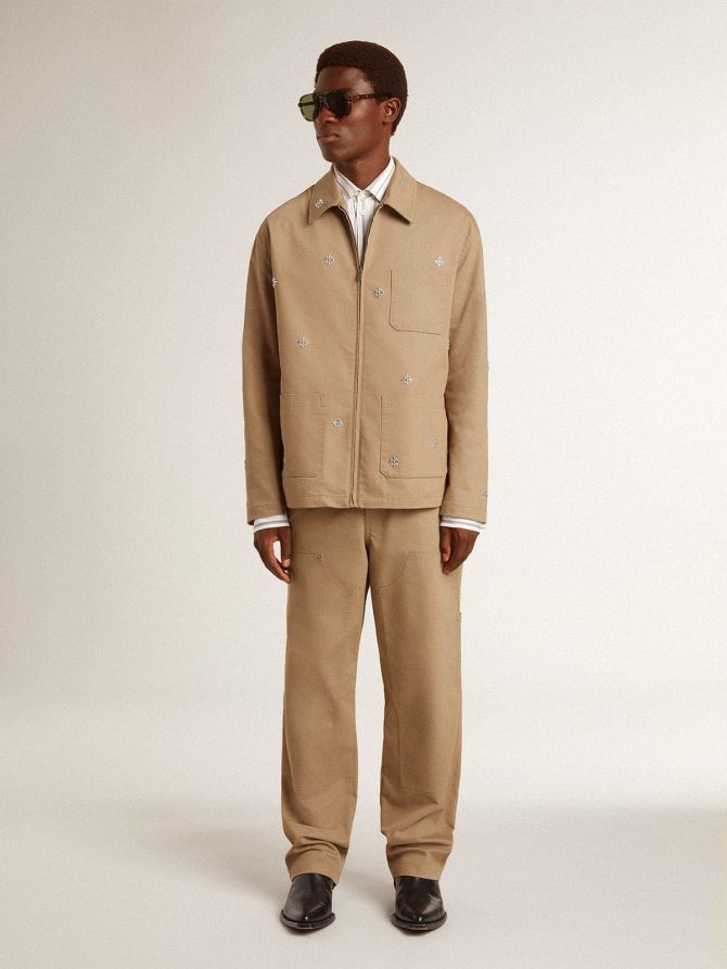 Men’s beige jacket with floral embroidery and full zip - Image 3