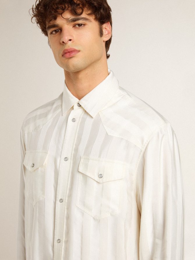 Men’s oversized worn-white shirt with vertical stripes - Image 5