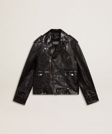 Men’s black leather biker jacket with glossy effect
