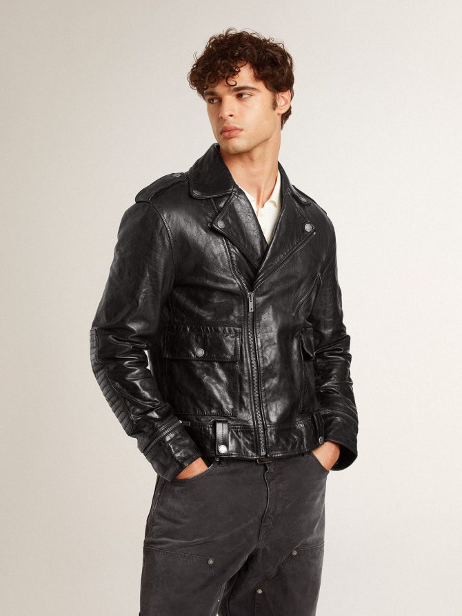 Men’s black leather biker jacket with glossy effect - Image 3