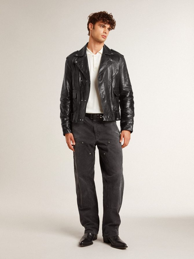 Men’s black leather biker jacket with glossy effect - Image 4