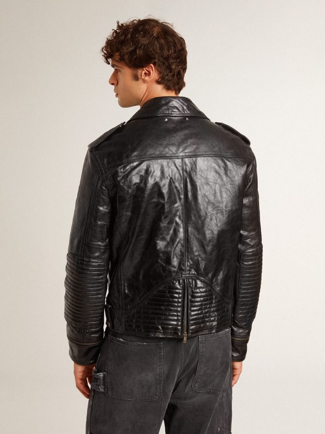 Men’s black leather biker jacket with glossy effect - Image 5