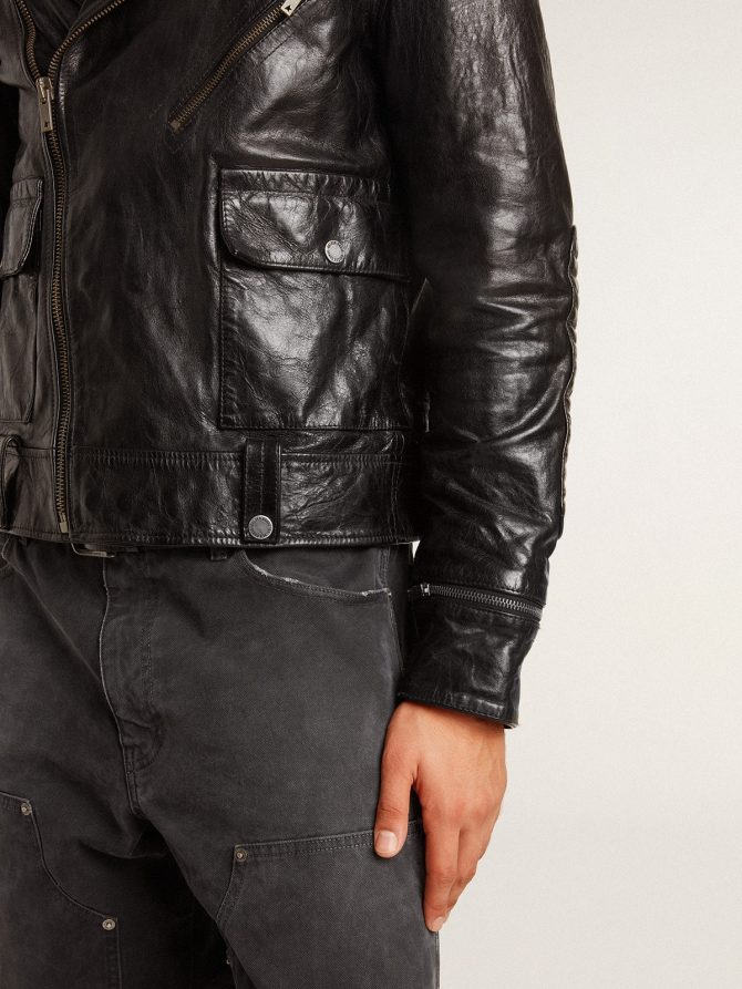 Men’s black leather biker jacket with glossy effect - Image 6