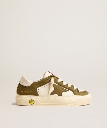 May Teen in white and military green leather