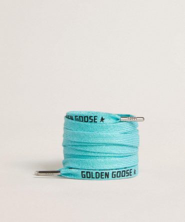 Light blue Lurex laces with contrasting black logo
