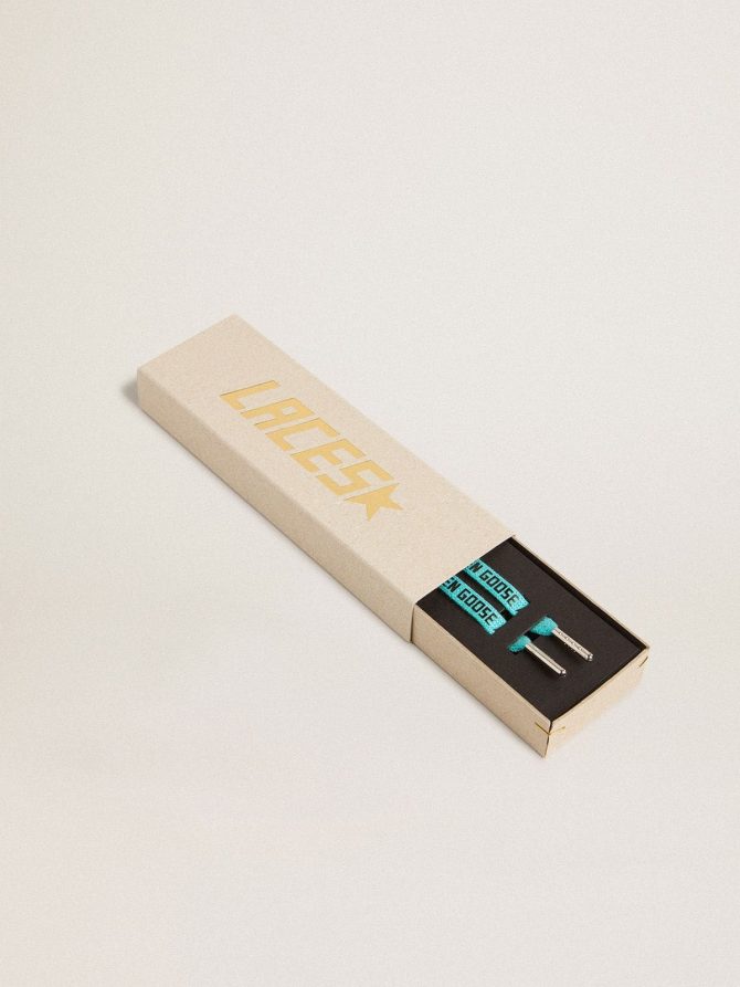 Light blue Lurex laces with contrasting black logo - Image 2