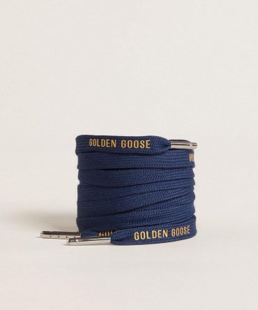 Navy blue cotton laces with contrasting gold logo