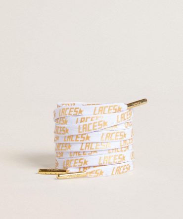 White laces with contrasting gold-colored ‘Laces’ lettering