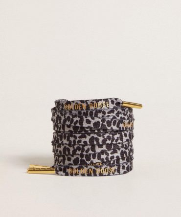 Gray and black animal-print laces with contrasting gold logo