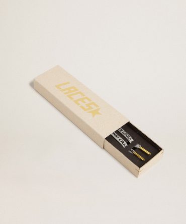 Gray cotton laces with contrasting black logo and lettering