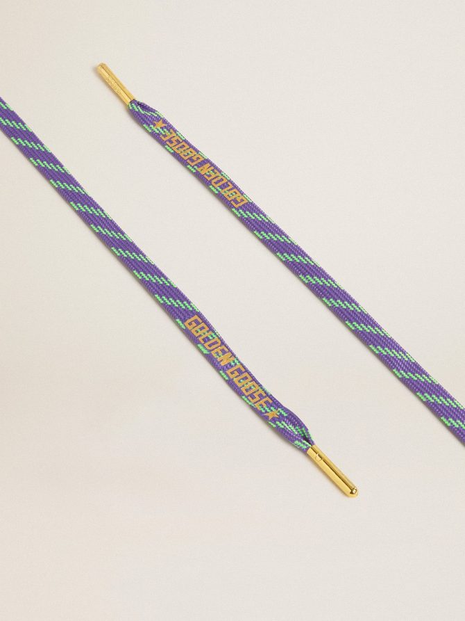 Neon green and purple cotton laces with contrast gold lettering - Image 2