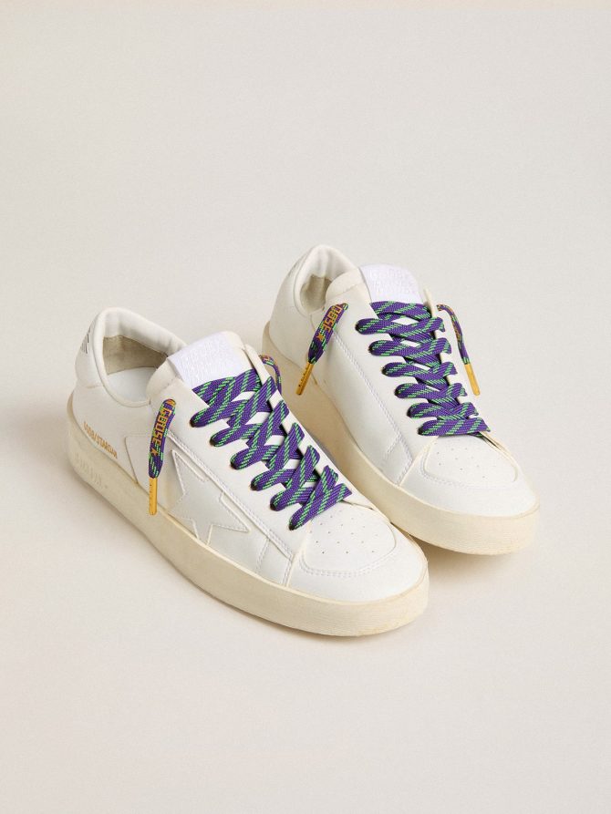 Neon green and purple cotton laces with contrast gold lettering - Image 3