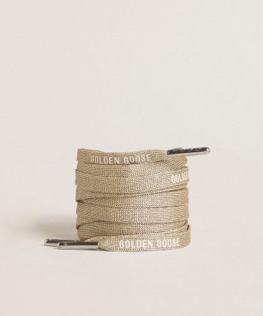 Gold-colored Lurex laces with contrasting white logo