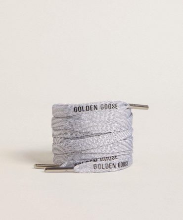 Silver-colored Lurex laces with contrasting black logo