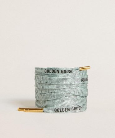 Gray Lurex laces with contrasting black logo