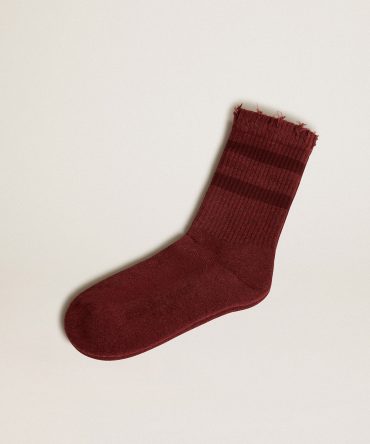 Burgundy socks with distressed details and tone-on-tone stripes