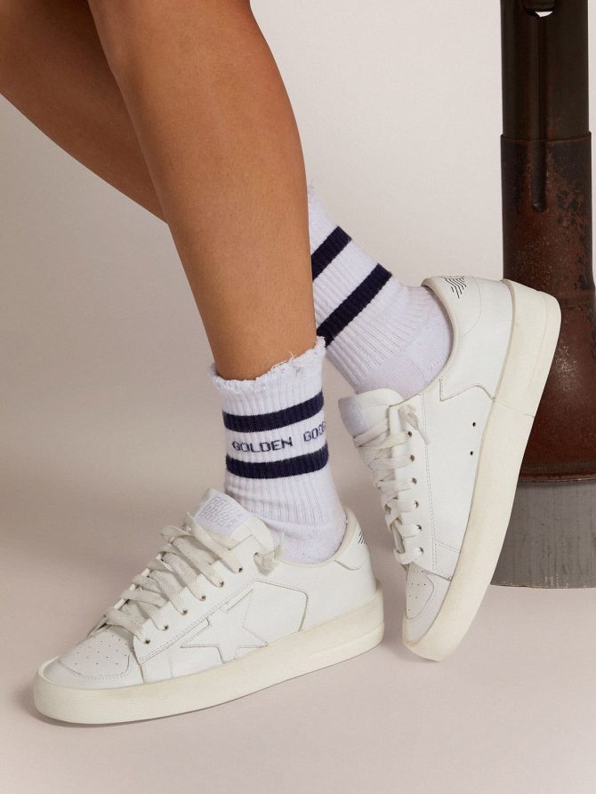 Cotton socks with distressed finishes, blue stripes and logo - Image 3