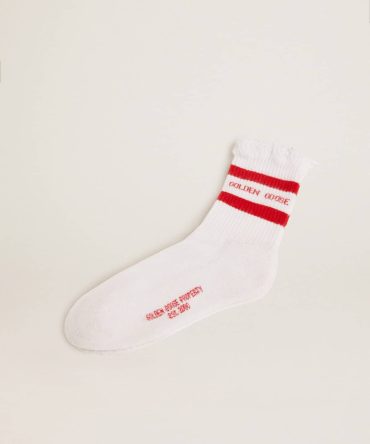 White socks with distressed details and red stripes