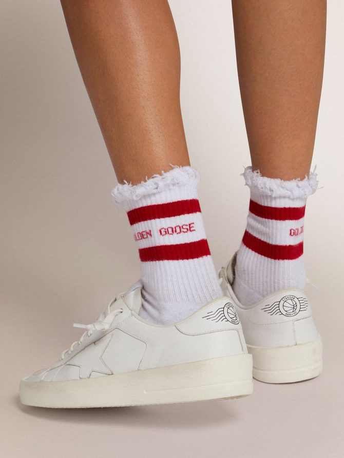 White socks with distressed details and red stripes - Image 3