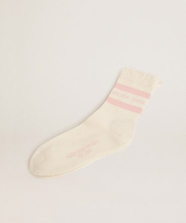 Distressed-finish white socks with baby-pink logo and stripes