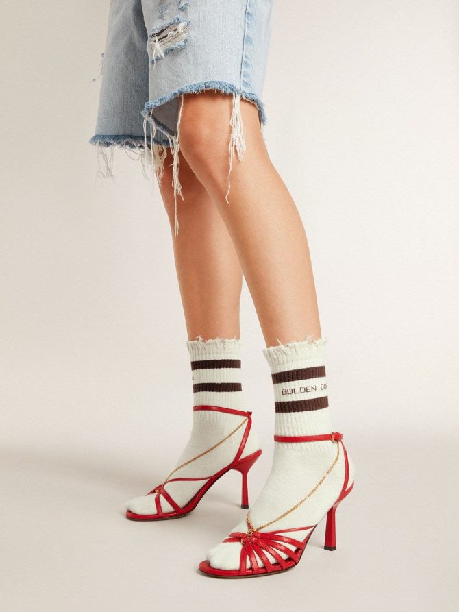 Worn-white socks with distressed details and brown stripes - Image 4
