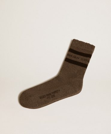 Grey socks with distressed details and dark brown stripes