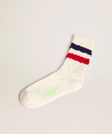 Vintage white socks with distressed details and two-tone stripes