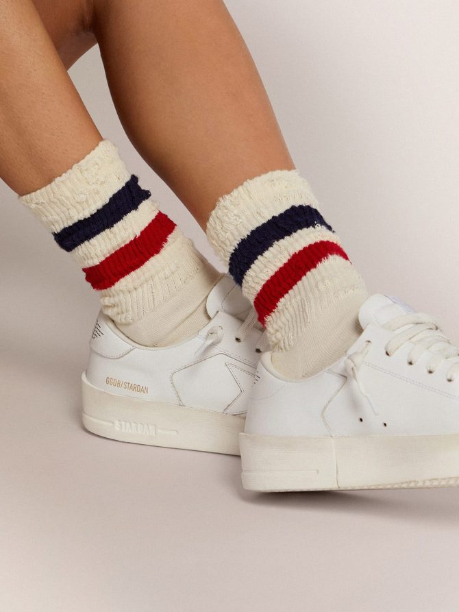 Vintage white socks with distressed details and two-tone stripes - Image 3