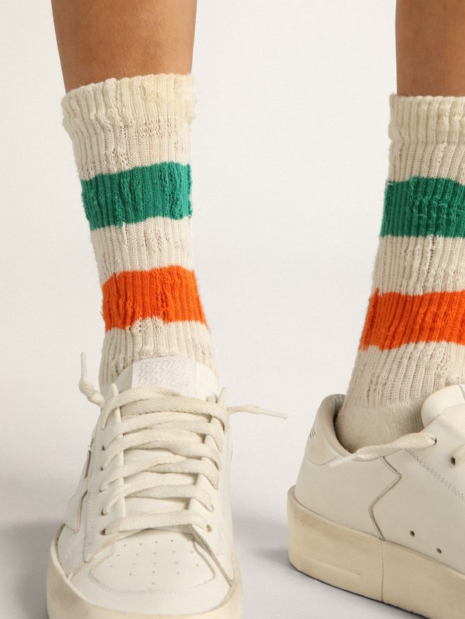 Distressed-finish white socks with green and orange stripes - Image 3