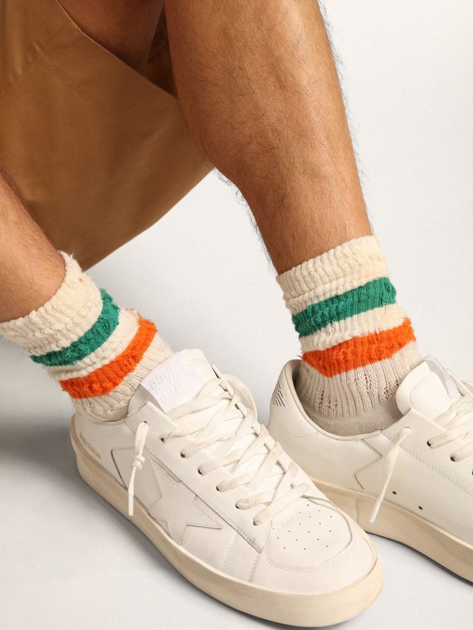 Distressed-finish white socks with green and orange stripes - Image 4