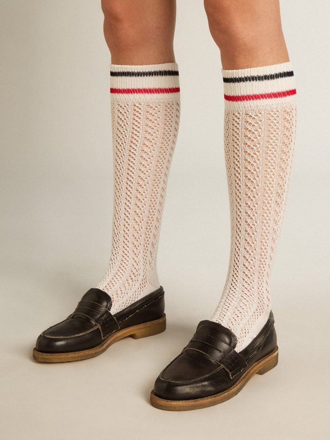 Long ribbed socks in vintage white with two-tone stripes - Image 3