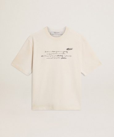 Worn-white unisex T-shirt with printed lettering