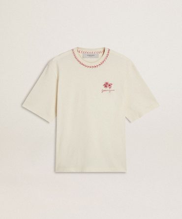 CNY worn-white sleeveless T-shirt with red embroidery