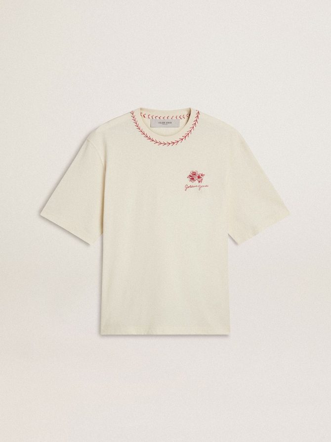 CNY worn-white sleeveless T-shirt with red embroidery