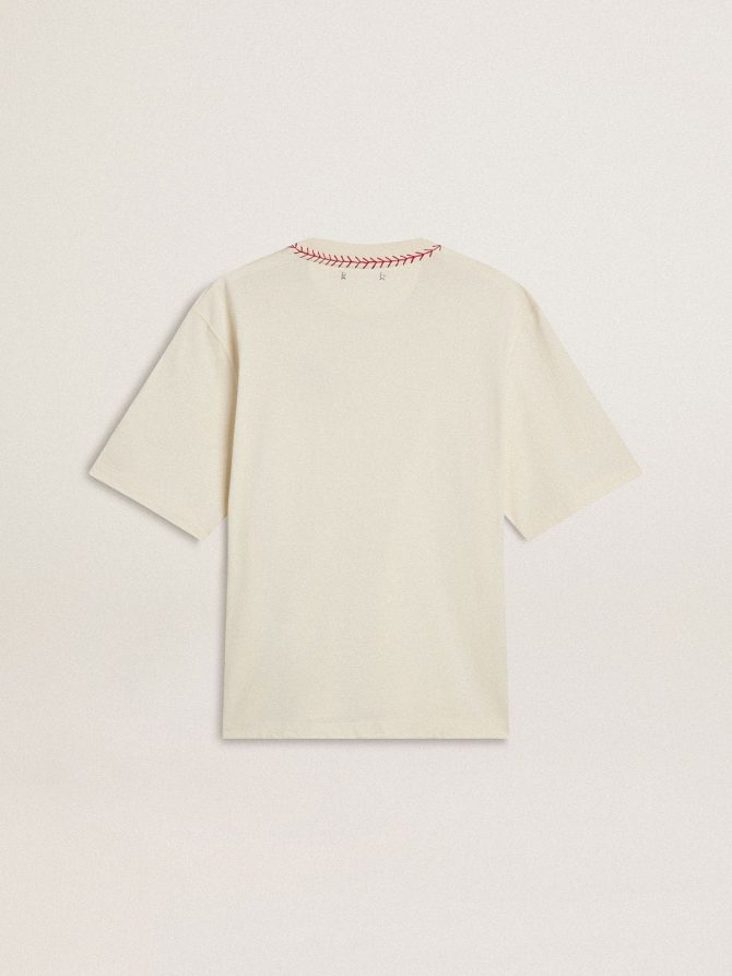 CNY worn-white sleeveless T-shirt with red embroidery - Image 2