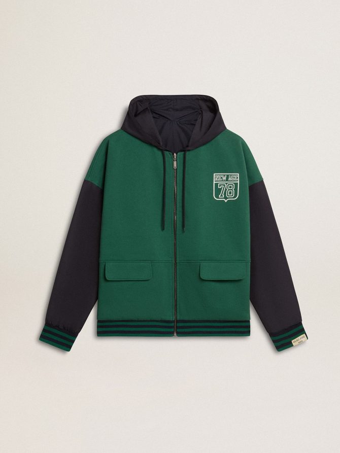 Men’s green and blue reversible hooded sweatshirt