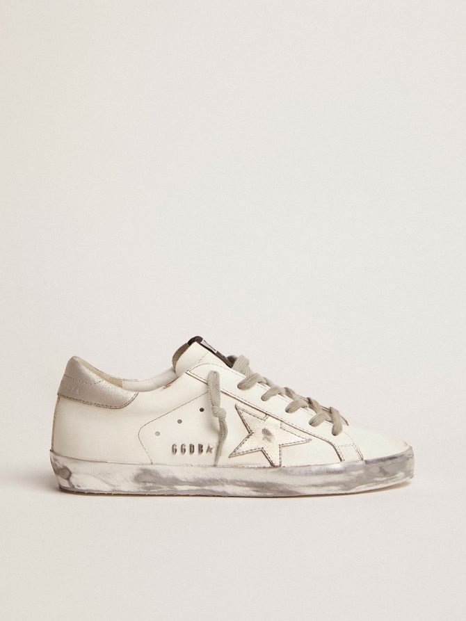 Women’s Super-Star with silver sparkle foxing and metal stud lettering