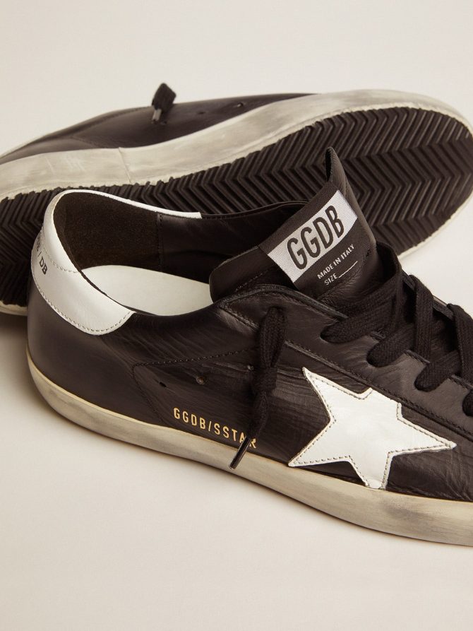 Women’s Super-Star in black leather with white leather star and heel tab - Image 4