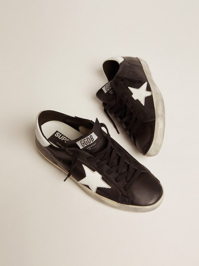Women’s Super-Star in black leather with white leather star and heel tab - Image 5