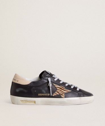 Women’s Super-Star in black nappa leather with zebra-print pony skin star and beige leather heel tab
