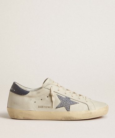 Super-Star LTD with cream-colored leather star with Swarovski crystals and blue leather heel tab with lizard print