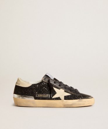Women’s Super-Star in black glitter and nappa with cream leather star and heel tab