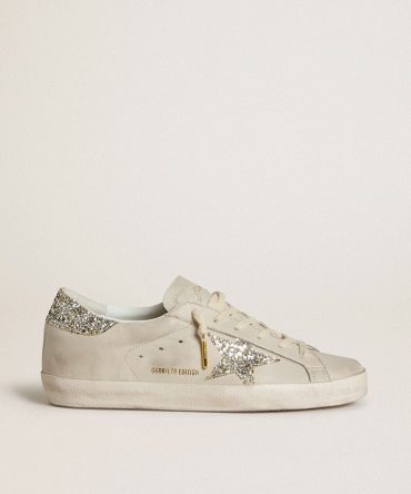Women’s Super-Star LTD in ivory nappa leather with platinum glitter star and heel tab