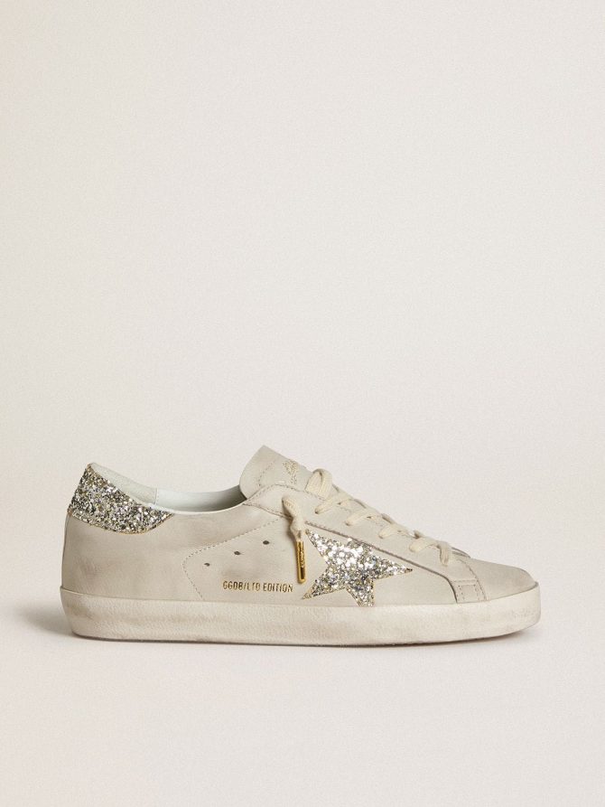 Women’s Super-Star LTD in ivory nappa leather with platinum glitter star and heel tab