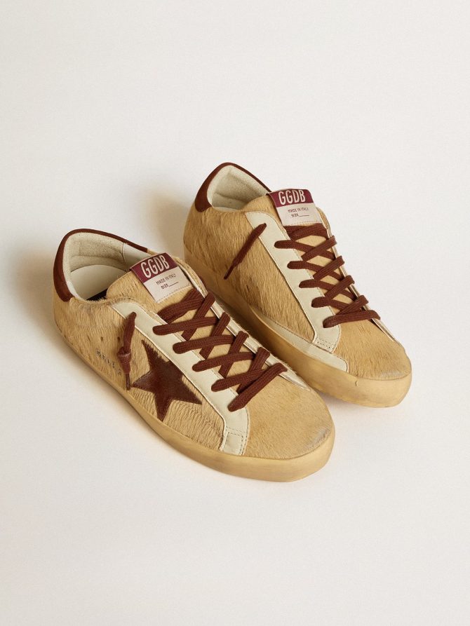 Women’s Super-Star in beige pony skin with brown suede star and heel tab - Image 2