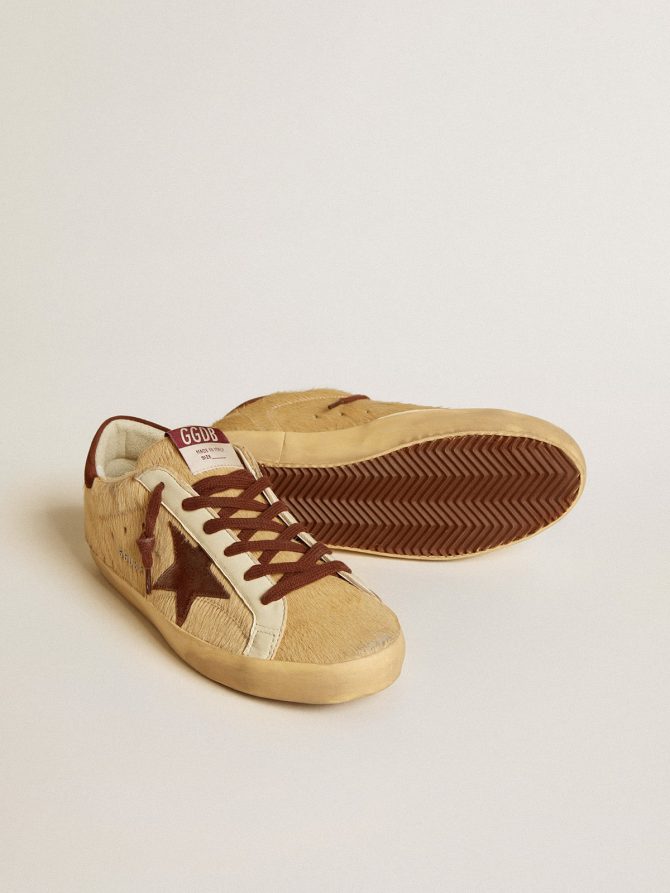 Women’s Super-Star in beige pony skin with brown suede star and heel tab - Image 3