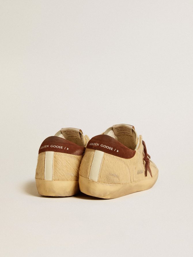 Women’s Super-Star in beige pony skin with brown suede star and heel tab - Image 4